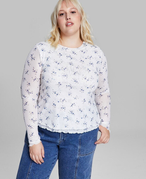 Trendy Plus Size Floral-Print Mesh Long-Sleeve Top