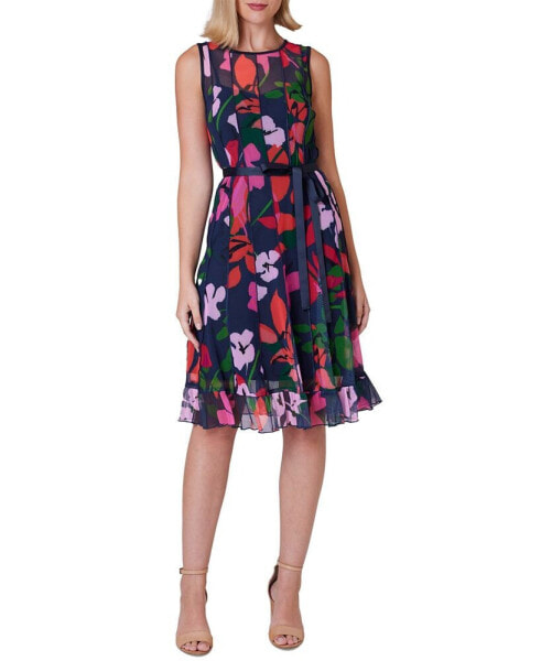 Petite Floral-Mesh Fit & Flare Dress