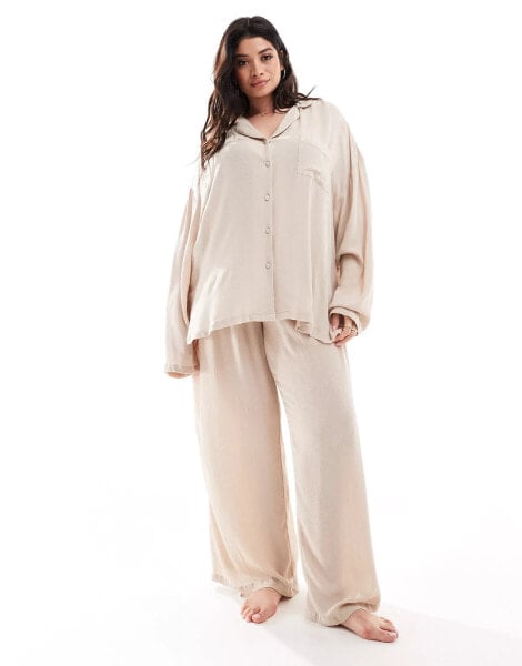 Loungeable Curve crinkle shirt and trouser set in stone