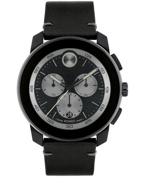 Men's Bold TR90 Swiss Quartz Chronograph Black Leather Watch 44mm