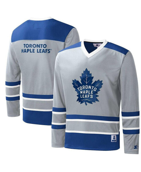 Men's Gray, Blue Toronto Maple Leafs Cross Check Jersey V-Neck Long Sleeve T-shirt