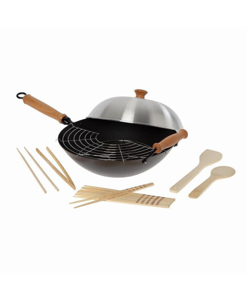 Professional Series 14" Carbon Steel Nonstick Wok Set with Lid and Maple Handles, 10 Pieces