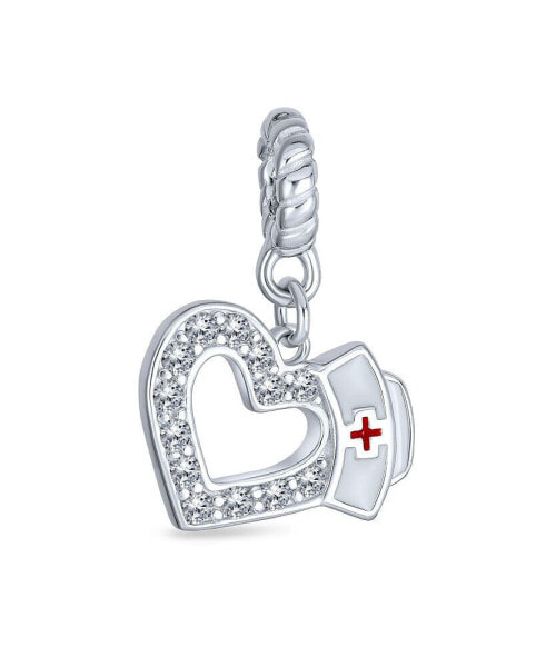 Caduceus RN Nurse Hat Cap Heart Shape Graduate Crystal CZ Dangle Bead Charm White Enamel .925 Sterling Silver Fits European Bracelet