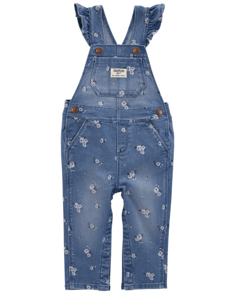 Baby Floral Print Ruffle Stretch Denim Overalls 3M