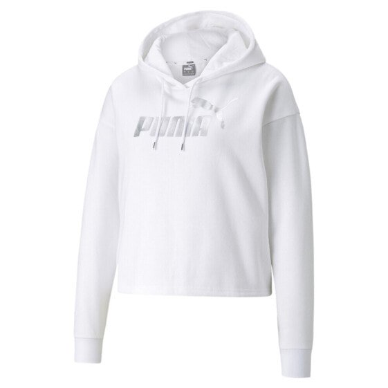 Puma Essential Cropped Metallic Logo Pullover Hoodie Womens White Casual Outerwe