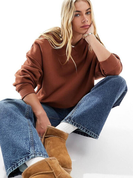 ASOS DESIGN v neck oversized sweatshirt in brown