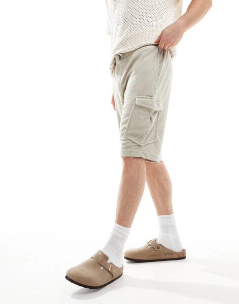 Brave Soul towelling co-ord cargo shorts in stone