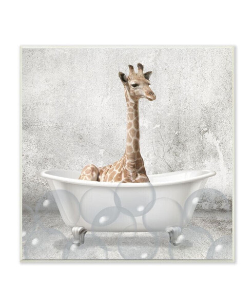 Baby Giraffe Bath Time Cute Animal Design Wall Plaque Art, 12" x 12"