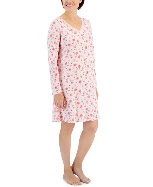 Women's Cotton Long-Sleeve Lace-Trim Sleepshirt, Created for Macy's
