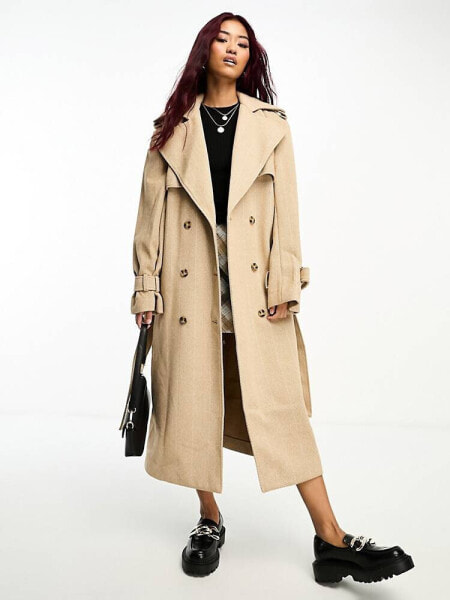 Bardot oversized herringbone trench coat in beige