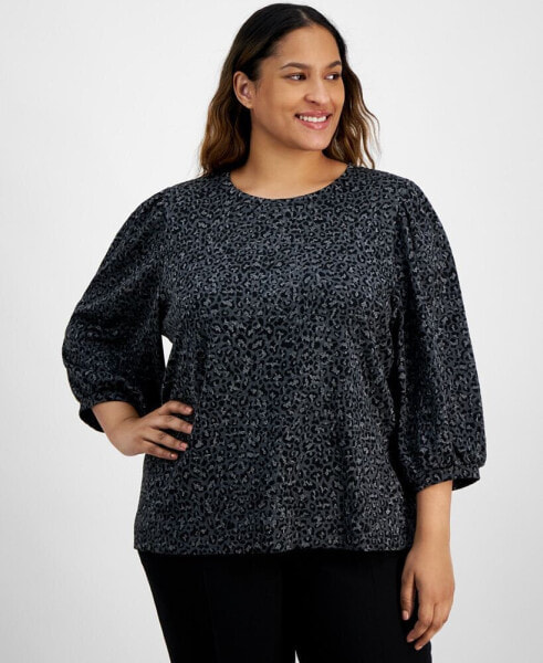 Plus Size Metallic Animal Print Balloon-Sleeve Top