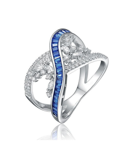 Sterling Silver Rhodium Plated with Sapphire Cubic Zirconia Criss-Cross Ring