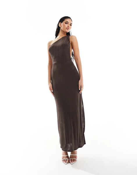 ASOS DESIGN slinky one shoulder maxi dress with high split in chocolate