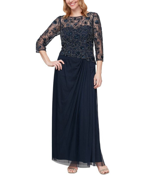 Women's Illusion Beaded 3/4-Sleeve Gown