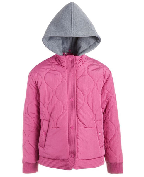 Big Girls Contrast Hood Ribbed Cuff Sleeve Puffer Jacket