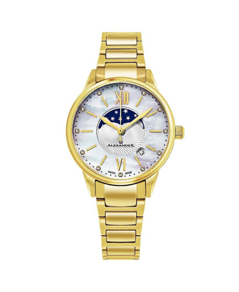 Ladies Quartz Moonphase Date Watch with Yellow Gold Tone Stainless Steel Case on Yellow Gold Tone Stainless Steel Bracelet, Silver DIAMOND Dial