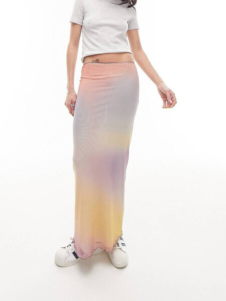 Topshop mesh pastel blurred printed picot trim midi skirt in multi 