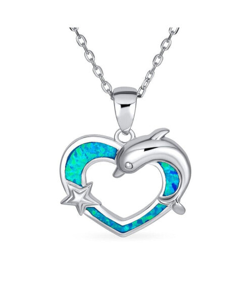 Bling Jewelry gemstone Created Blue Opal Inlay Nautical Ocean Marine Hawaiian Vacation Heart Starfish Sea Life Dolphin Dangling Pendant Necklace For Women Teen .925 Sterling Silver