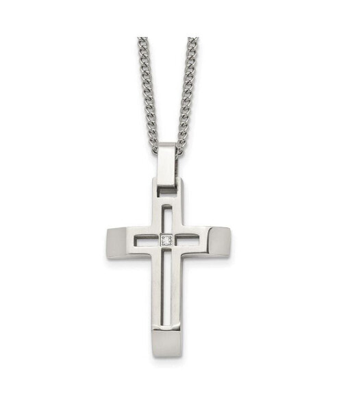 Brushed and CZ Open Cross Pendant Cable Chain Necklace