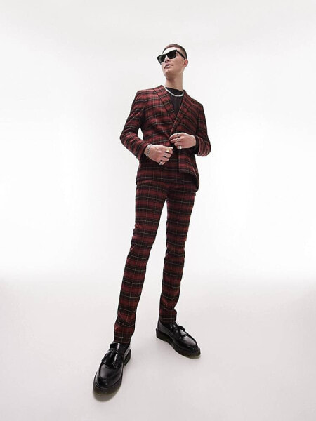 Topman super skinny tartan checked suit trousers in red