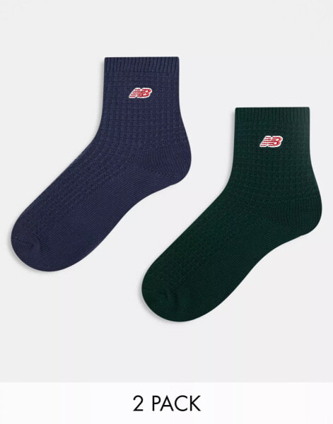 New Balance embroidered logo waffle mid sock 2 pack in green/blue