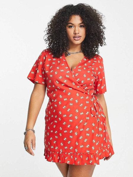 Daisy Street Plus wrap front short sleeve mini dress in red ditsy