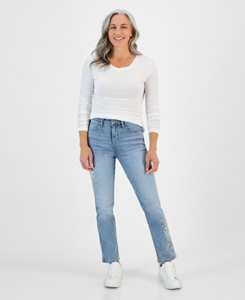 Petite Embroidered High-Rise Natural Straight Jeans, Created for Macy's