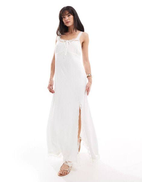 Miss Selfridge textured trim insert maxi slip dress in cream