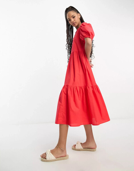 JDY exclusive puff sleeve midi smock dress in bright red