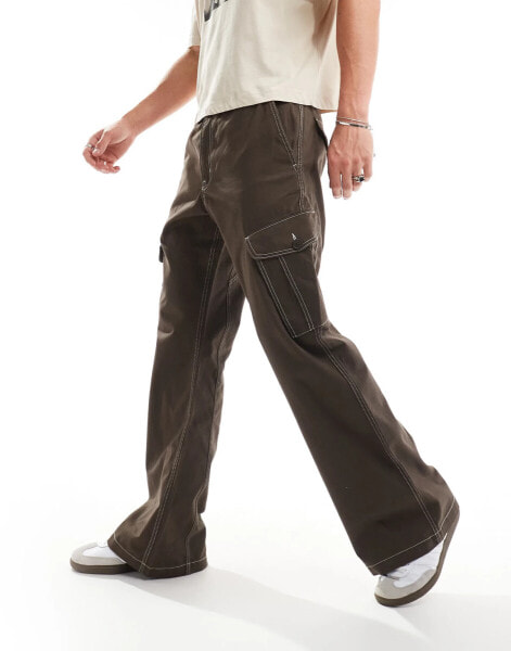 Weekday Tore wide leg cargo trousers in Dark brown