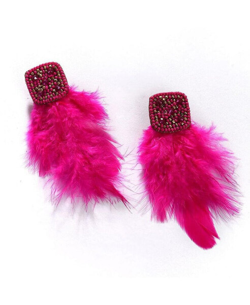 Women's Pink Beaded Feather Drop Earrings
