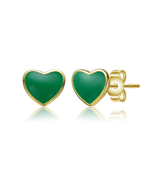 Toddler/Kids 14k Gold Plated Green Enamel Tiny Flat Heart Stud Earrings