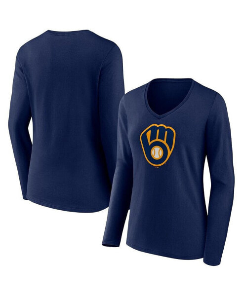 Women's Navy Milwaukee Brewers Official Logo V-Neck Long Sleeve T-shirt