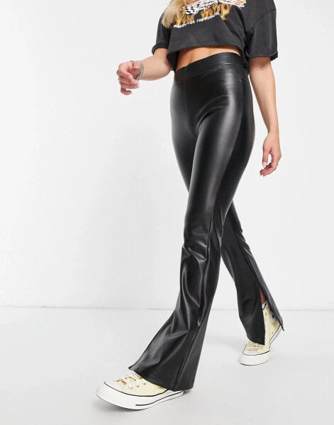 ONLY faux leather split leg flared trousers in black