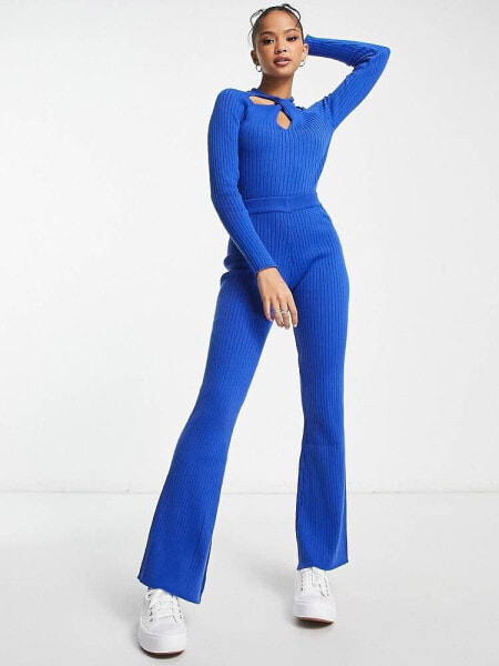 New Look co-ord ribbed knitted trousers in blue