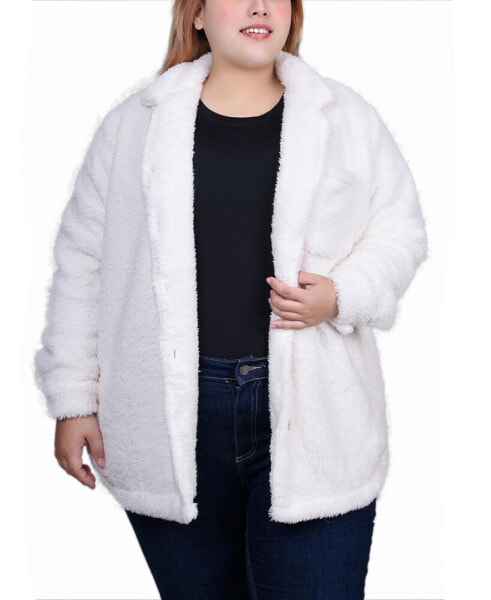 Plus Size Long Sleeve Button Front Sherpa Jacket