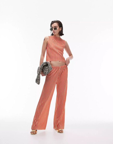 Topshop co ord stripe plisse wide leg trouser in red