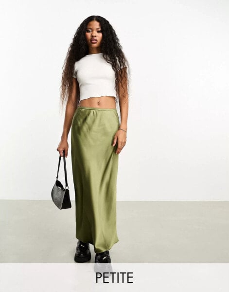 River Island Petite satin bias maxi skirt in olive