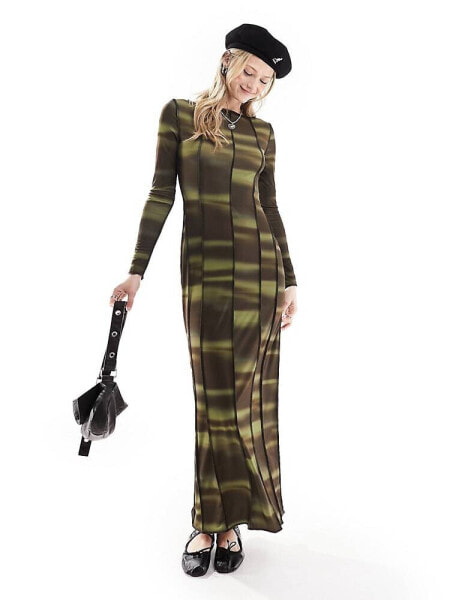 COLLUSION long sleeve exposed seam printed maxi dress in green