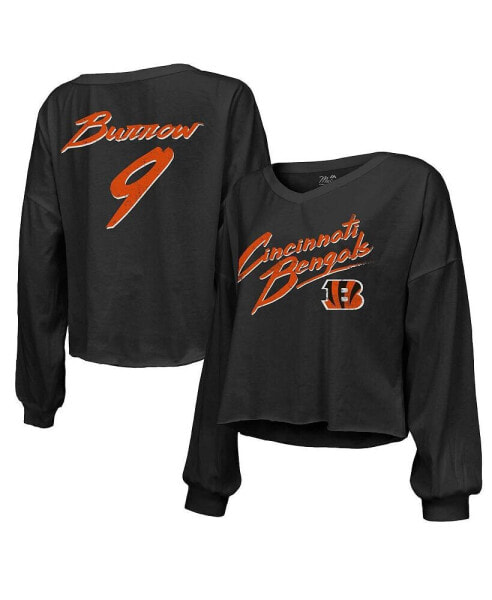 Women's Threads Joe Burrow Black Distressed Cincinnati Bengals Name and Number Off-Shoulder Script Cropped Long Sleeve V-Neck T-shirt