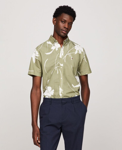 Men's Short Sleeve Tropical Print Button-Down Shirt