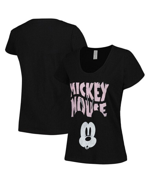 Women's Black Distressed Mickey Mouse Face Scoop Neck T-shirt