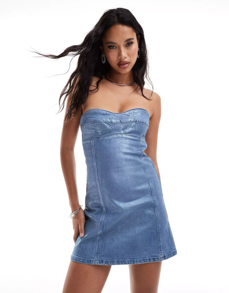 ASOS DESIGN denim bandeau mini dress in metallic blue