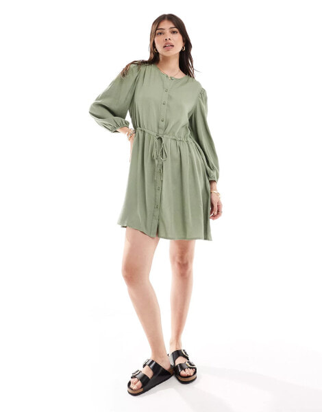 Vila linen touch tie waist mini dress in khaki