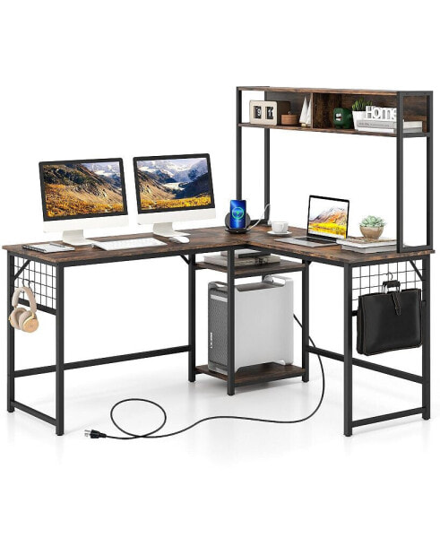 L-shaped Desk with Power Outlet Hutch