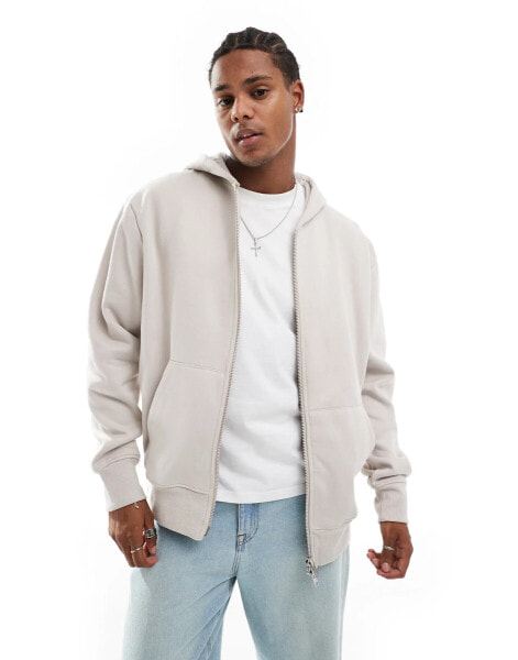 ASOS DESIGN premium heavyweight oversized zip through hoodie 400gsm in light grey beige