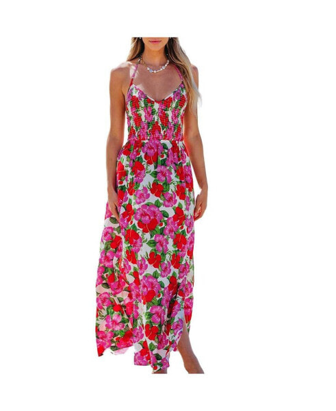 Women's Floral Halterneck Smocked Bodice Maxi Beach Dress
