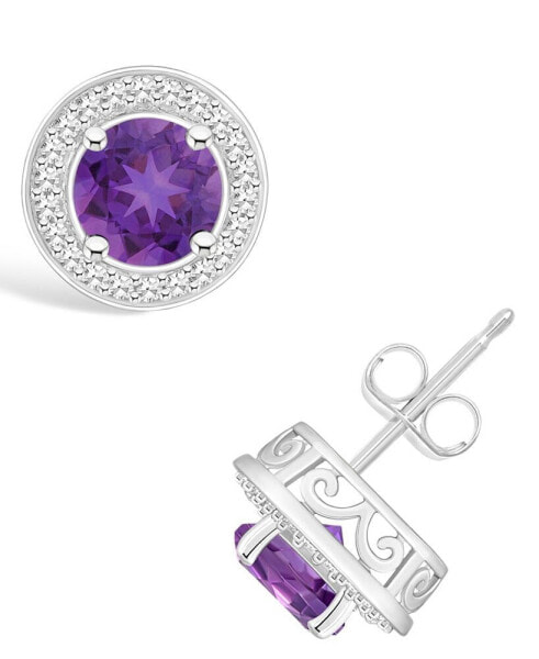 Amethyst (1-1/2 ct. t.w.) and Diamond (1/5 ct. t.w.) Halo Studs in Sterling Silver