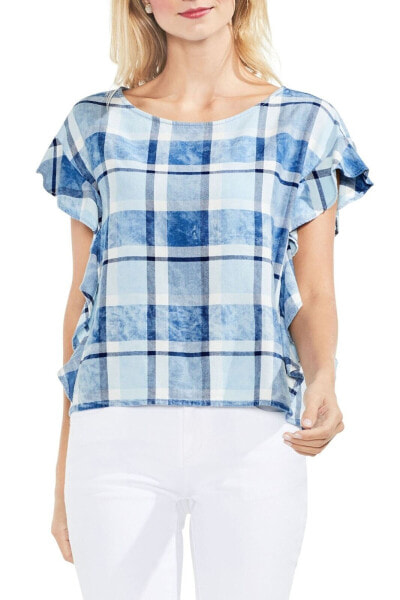 Vince Camuto Indigo Plaid Flutter Sleeve Blouse Women's Sz. Medium 152732