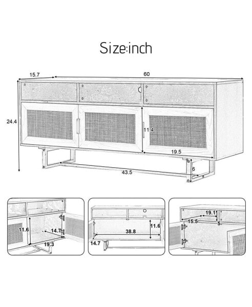 Retro Rattan TV Stand 3-Door Media Console With Open Shelves For TV Stand Under 75"